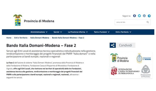 EURIS srl è l’advisor tecnico anche della Fase 2 dell’Azione di sistema “Italia Domani Modena”